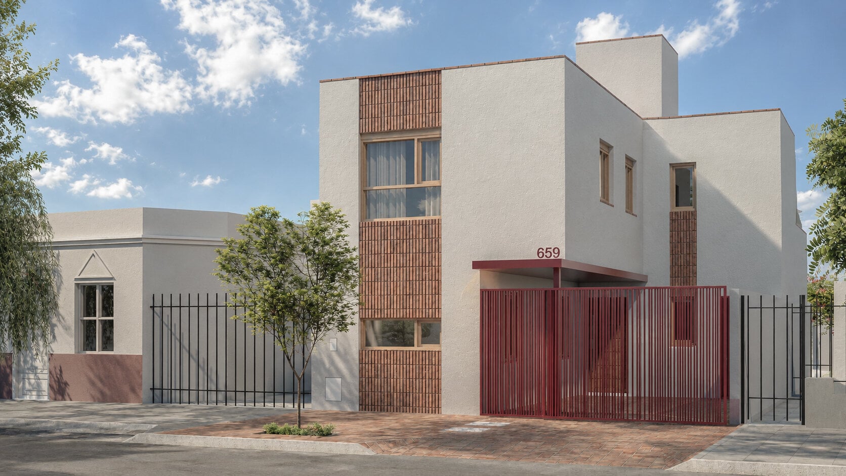 Fachada con portón rojo